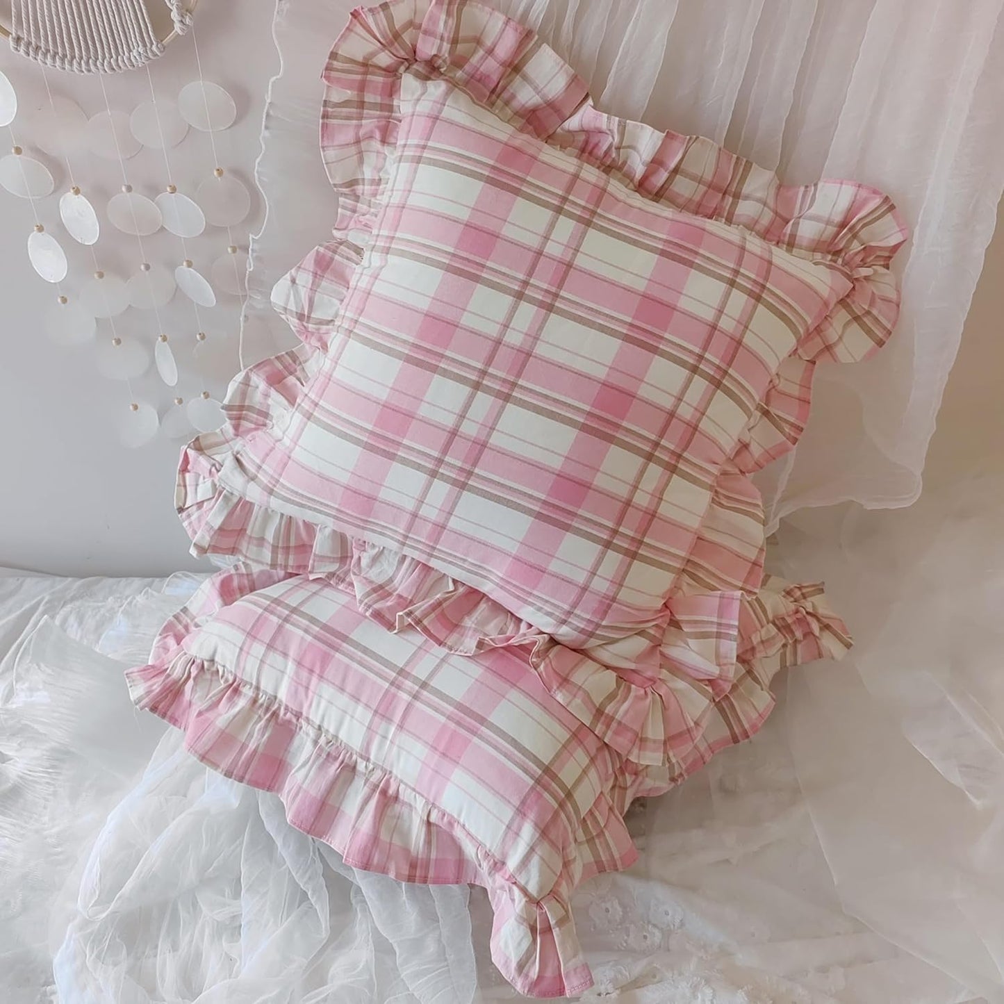 Pink Plaid Throw Pillow Covers, 100% Cotton Ruffle Edge Cushion Covers, Farmhouse Shabby Decorative Chic Pillowcases for Living Room Sofa Bedroom Girls Room, 18x18 Inch Set of 2
