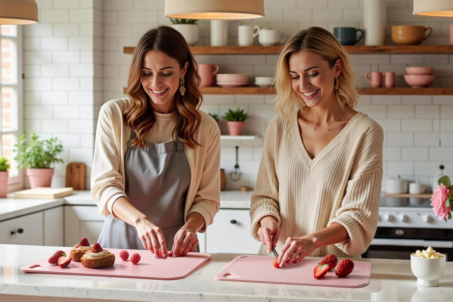 THETCHRY Plastic Cutting Board Set, Pink Cutting Board with Non-slip, Cutting Board for Kitchen Set of 3, Dishwasher Safe, BPA Free, Reversible, with Grip Handle, Pink