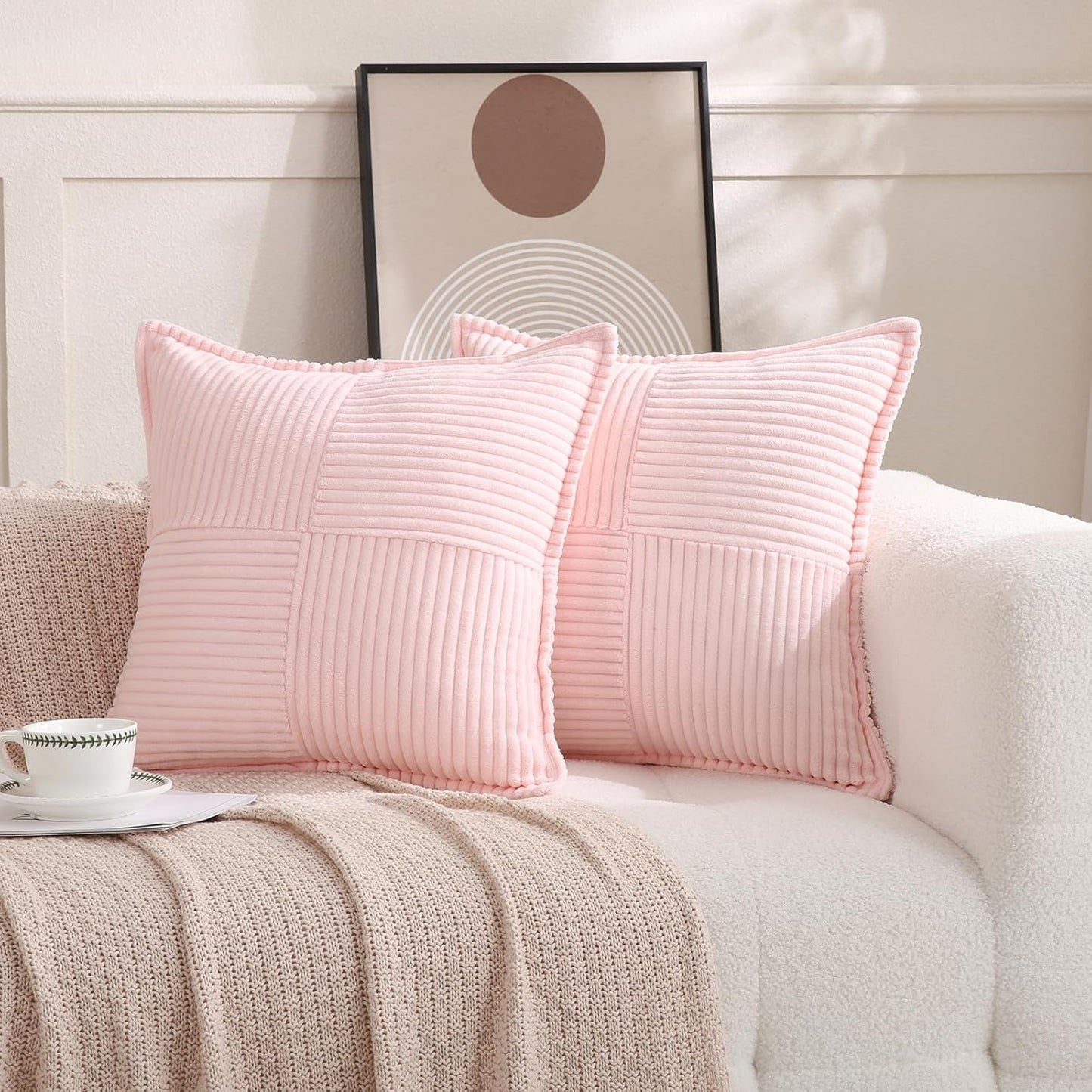 Puncuntex Corduroy Light Pink Throw Pillow Covers Set of 2 Boho Decorative 18×18 Inch,Super Soft Pillowcase Cozy Striped Texture Cushion Cover for Couch,Sofa,Farmhouse,Living Room