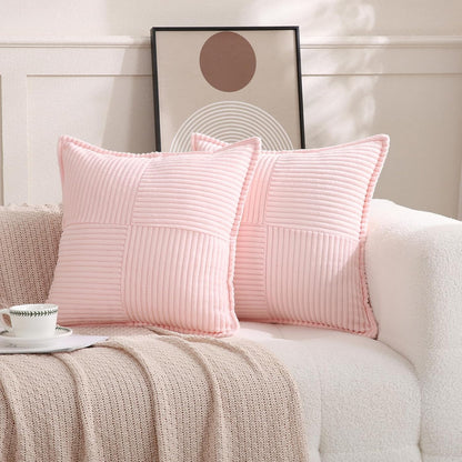 Puncuntex Corduroy Light Pink Throw Pillow Covers Set of 2 Boho Decorative 18×18 Inch,Super Soft Pillowcase Cozy Striped Texture Cushion Cover for Couch,Sofa,Farmhouse,Living Room