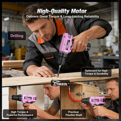 12V Cordless Drill Set with Battery & Charger, Electric Power Drill with Pure Copper Motor, 180 In-lbs Torque, 18+1 Clutch, 3/8" Keyless Chuck, LED Light, Drill Kit for Home Repair, DIY(Pink)