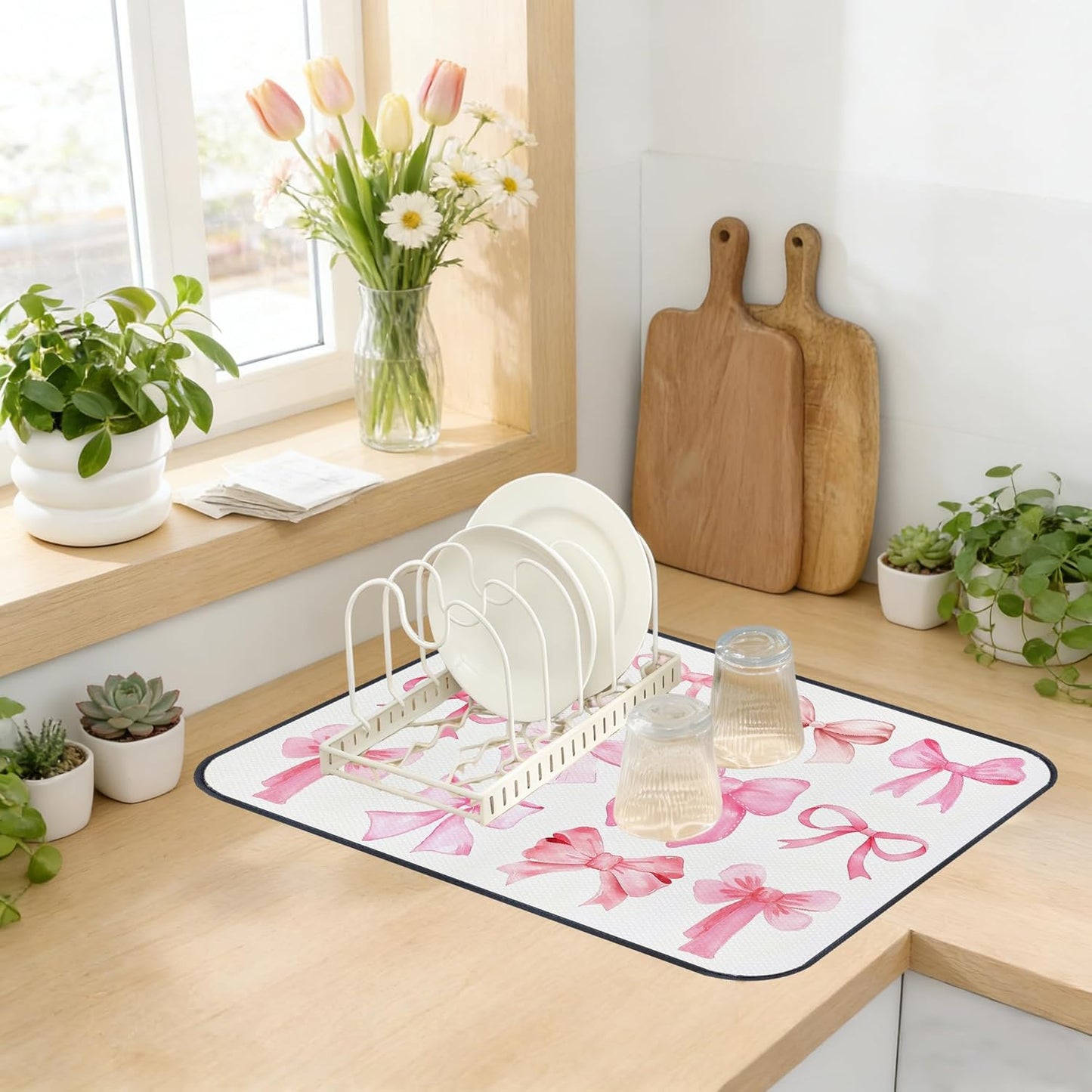 Pink Bow Dish Drying Mat,Coquette Pink Bow Absorbent Dish Drying Mat，Kitchen Accessories For Countertop，Dish Drainer Mat For Kitchen Counter，20 X 15inch