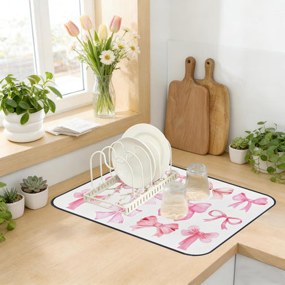 Pink Bow Dish Drying Mat,Coquette Pink Bow Absorbent Dish Drying Mat，Kitchen Accessories For Countertop，Dish Drainer Mat For Kitchen Counter，20 X 15inch