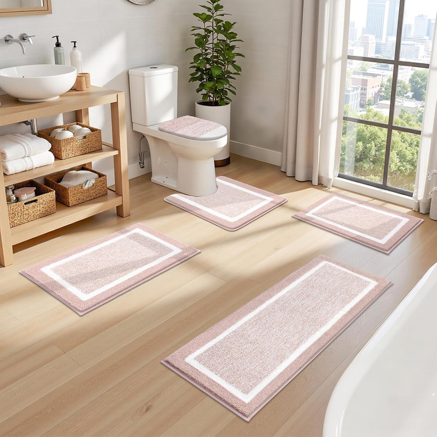 Pauwer Bathroom Rugs Sets 5 Piece Soft Absorbent Microfiber Bath Mat Set Non Slip Machine Washable Rug Plush Shaggy Bath Mats for Bathroom Decor Floor Toilet Tub and Shower, Dusty Pink