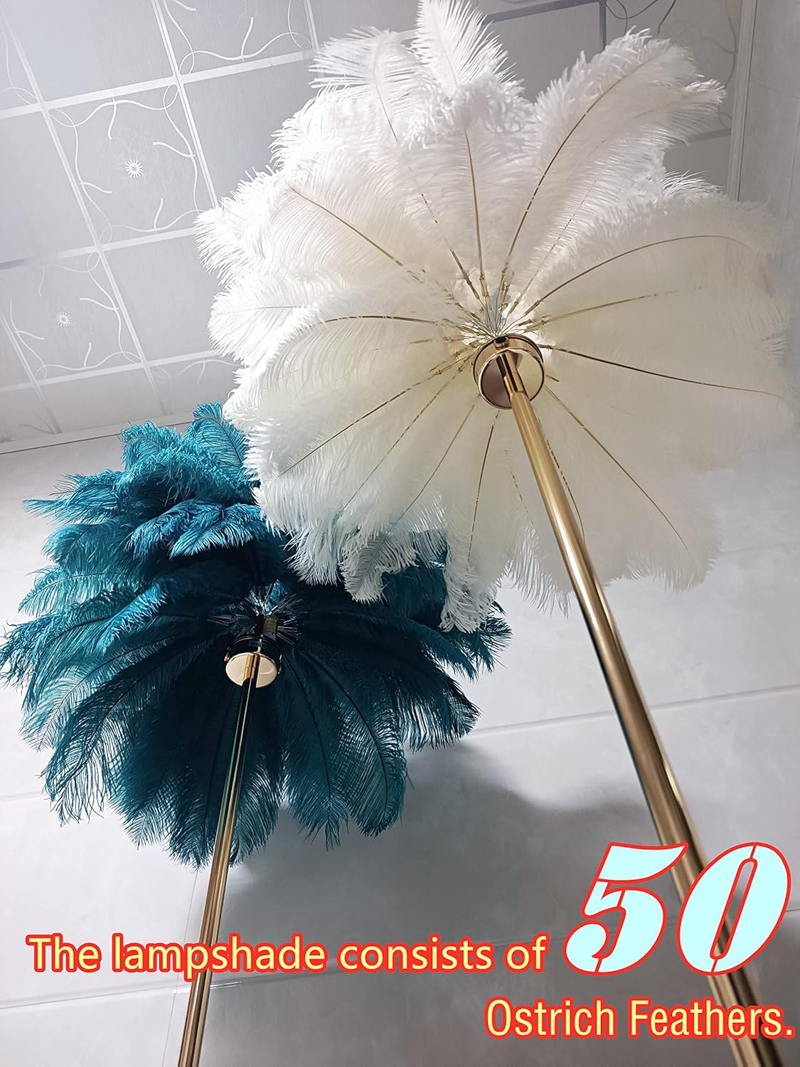 Natural Ostrich Feather Floor Lamp, 3-Way Color Temperature,Simple Modern Bedroom and Living Room Standing Lamp, Golden Lamp Body, G4-LED Bulb (Pink)