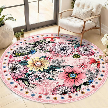 Yinhua Round Rug 4ft Rug Washable Boho Floral Rugs Non Slip, Pink Soft Circular Area Rugs Low Pile, Faux Wool Flowers Carpet for Bedroom, Entryway, Living Room, Bedroom, Dining Room, Pink