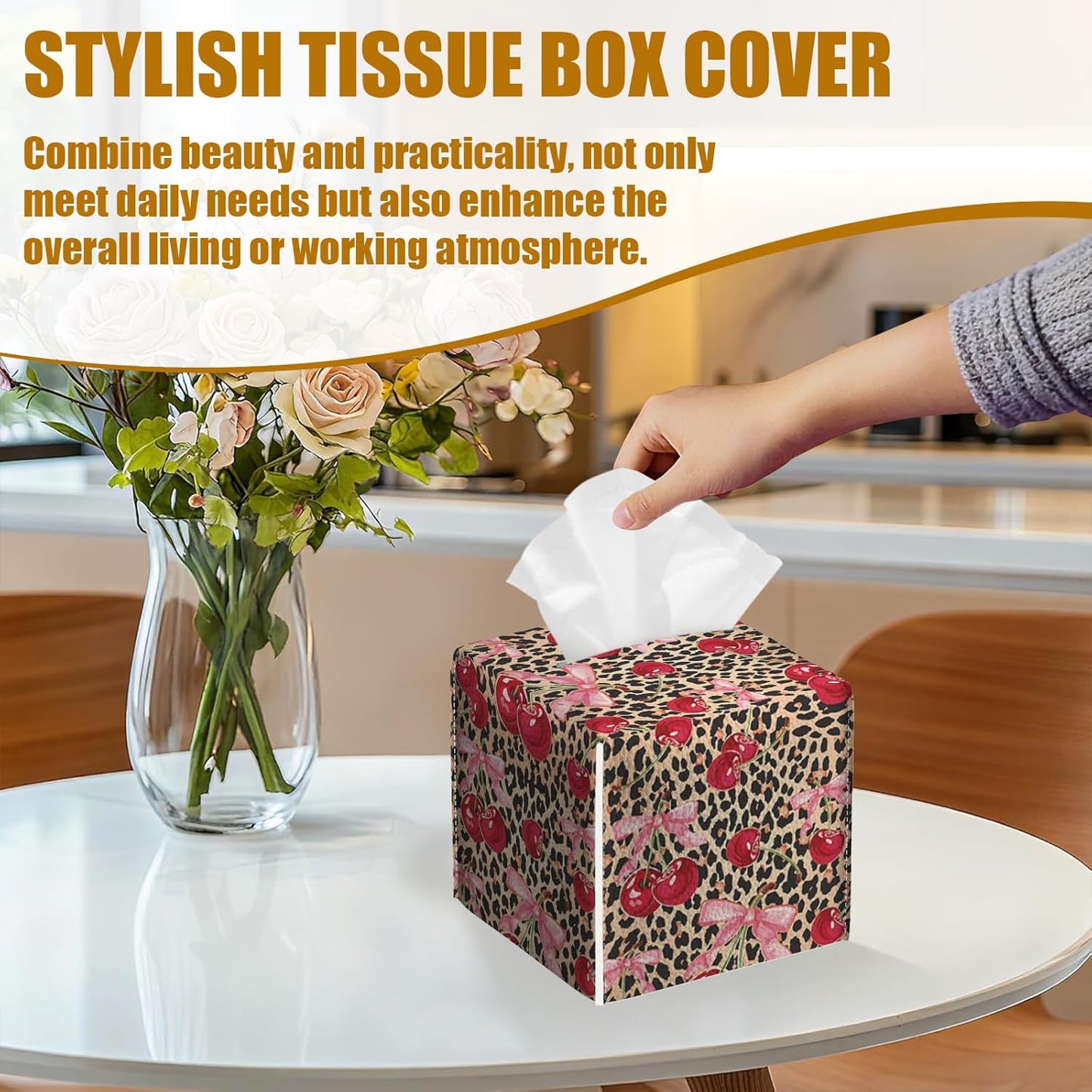 Pink Cherry Bow Tissue Box Cover 2PCS, Leopard Leather Tissue Box Holder Square Facial Paper Case Tissue Box Cube Organizer for Bathroom Bedroom Desk Office