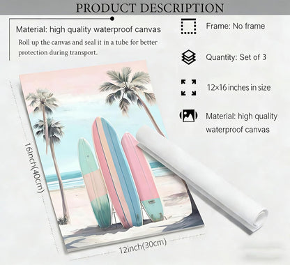 3Pcs Pink Beach Wall Art Tropical Teen Girl Coastal Canvas Poster Print Surfboard Palm Picture Wall Decor for Beach Room Bathroom Living Room Bedroom 12x16in Unframed