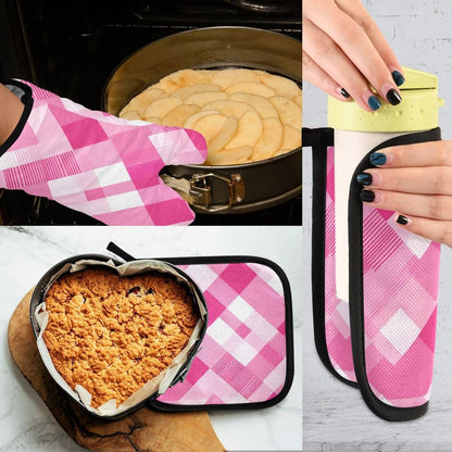 Light Pink Checkered Plaid Oven Mitts and Pot Holders Set for Cooking Baking Kitchen Decor