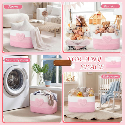Pink Extra Large Blanket Basket 65L Love Rectangle Woven Storage Basket with Handle for Storing Dirty Clothes Stuffed Animal Toy Storage for Living Room Bathroom 22" x 15" x 12"