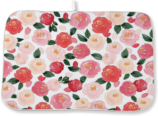 Floral Dish Drying Mat 18x24 Inch Watercolor Red Pink Flower Drying Mat Vintage Spring Summer Valentines Day Romantic Absorbent Dish Drying Pad Dish Rack Drainer Mats for Kitchen Dining Counter