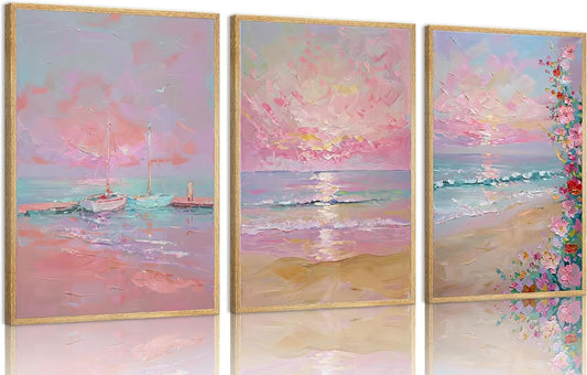 Kouserlin 3 Pcs Pastel Coastal Wall Art Set, Unframed Pink Ocean Beach Canvas Posters, Grandmillennial Preppy Room Decor of Sailboat & Wildflower for Bedroom, Girls Dorm(12x16Inch)