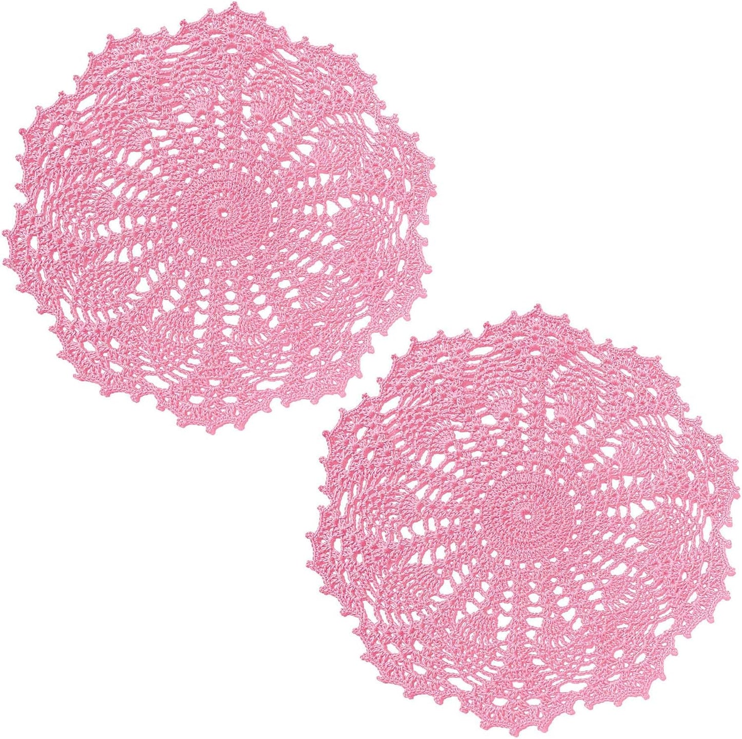 2 PCS 12 inches Lace Doilies Crochet Handmade Lace Coasters Round Placemat Rustic Table Doilies Decors for Wedding Kitchen Dining Room Party Dressers Pink