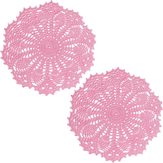 2 PCS 12 inches Lace Doilies Crochet Handmade Lace Coasters Round Placemat Rustic Table Doilies Decors for Wedding Kitchen Dining Room Party Dressers Pink