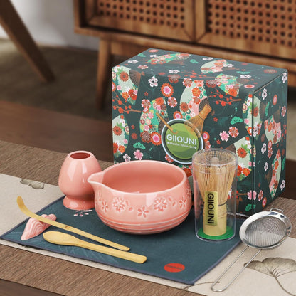 Matcha Whisk Set with 550ml Spouted Ceramic Bowl, 80-Prong Bamboo Chasen, Stainless Steel Sifter, Whisk Holder & Scoop – Complete Japanese Matcha Kit for Beginners, Gift Set for Tea Lovers-Pink