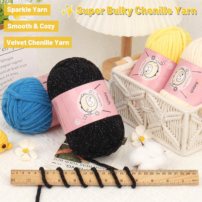Katech Velvet Chenille Yarn for Crocheting-6 Pack of 100g/3.53oz-#6 Super Bulky Sparkle Chenille Yarn for Knitting, Chunky Plush Baby Blanket Yarns, Ideal for Blankets, Dolls, Bags (Pale Pink)