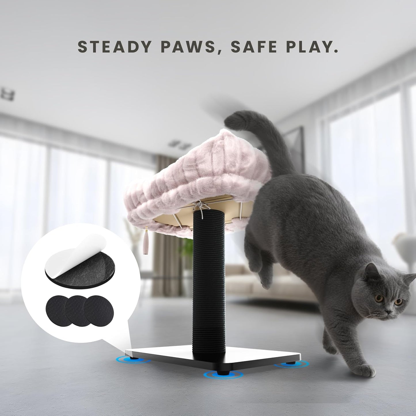 Modern Scratching Post for Indoor Cats - 15” High Cat Scratching Post with Bed Breeds - 15.7” x 11.6” Removable & Washable Cushion (Black Post with Pink Bed)