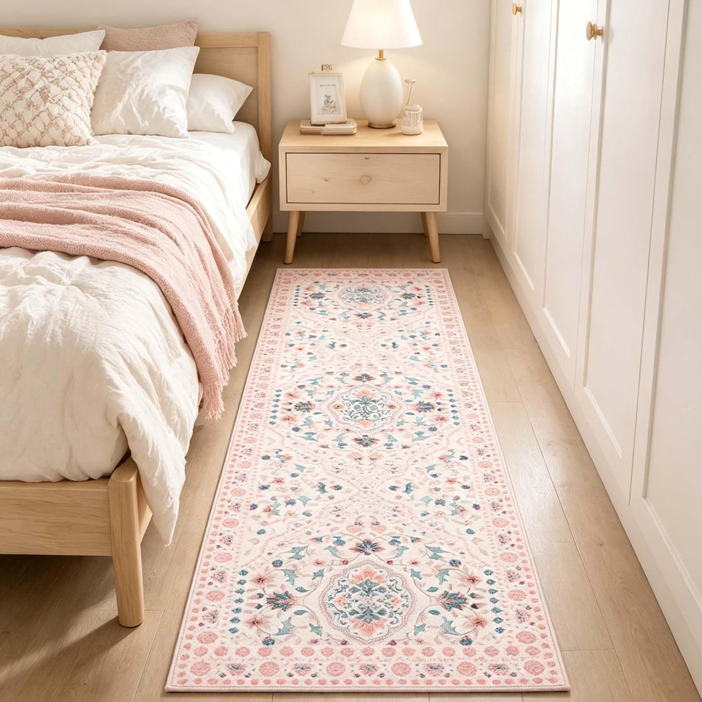 LIVEBOX Washable Runner Rug 2x6, Pink Floral Bedroom Runner with Non Slip Backing, Boho Soft Accent Rug for Hallway, Closet, Small Apartment