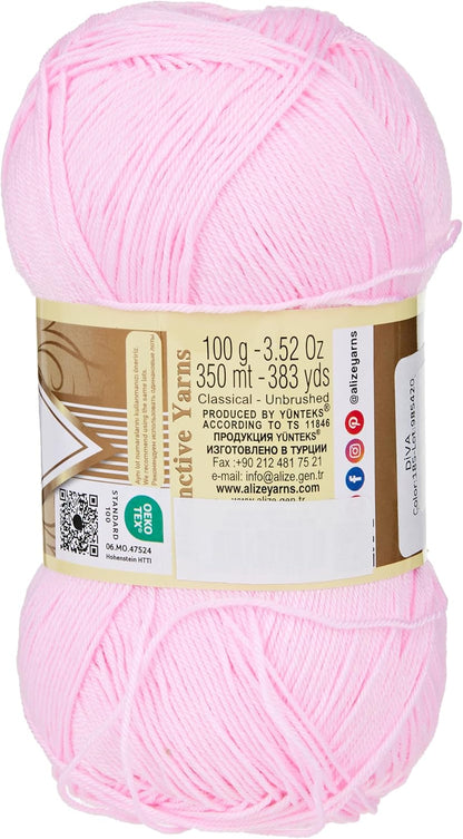 Alize Diva Silk Effect 100% Microfiber Acrylic Yarn 1 Ball skeins 100gr 383yds Color (185 - Baby Pink)