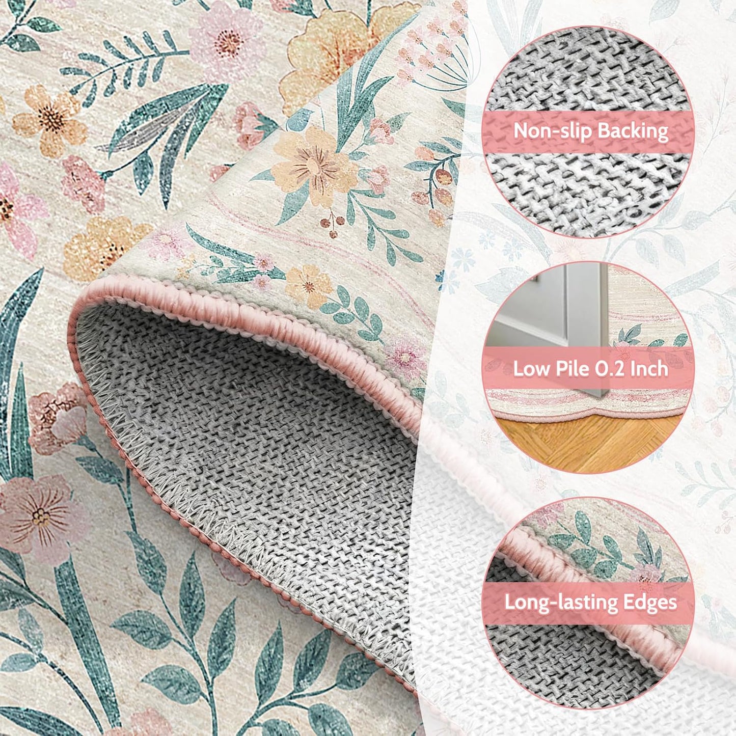 Scalloped Pink Floral Rug 6x9, Washable Soft Faux Wool Area Rug for Living Room, Cute Boho Non-Slip Carpet for Kids Room, Nursery, Bedroom or Office