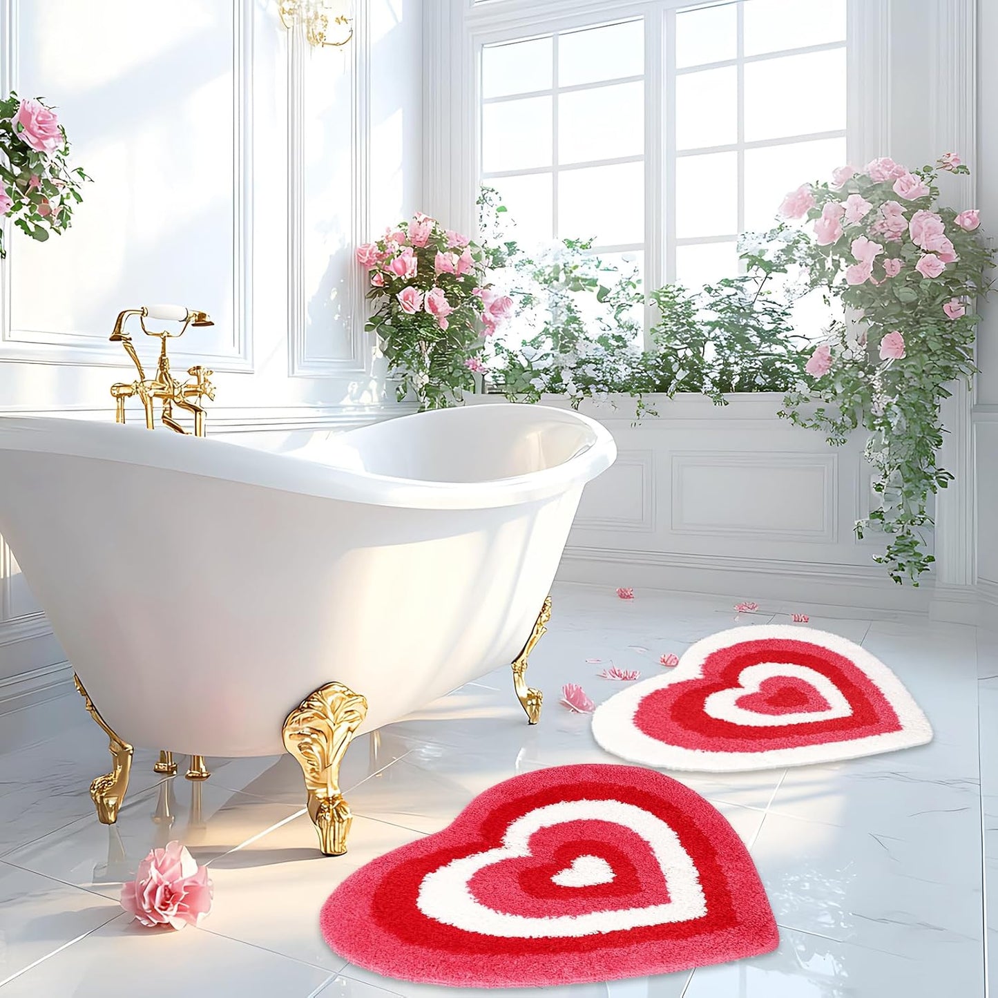 JarThenaAMCS 2 Pcs Valentine Heart Bath Mat Pink Red Heart Shaped Bathroom Rug Non Slip Absorbent Tufted Shower Rug Front Door Mat for Home Room Entrance, 19.6 x 23.6 Inch