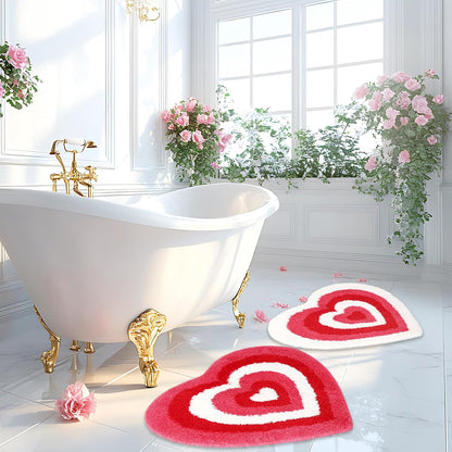 JarThenaAMCS 2 Pcs Valentine Heart Bath Mat Pink Red Heart Shaped Bathroom Rug Non Slip Absorbent Tufted Shower Rug Front Door Mat for Home Room Entrance, 19.6 x 23.6 Inch