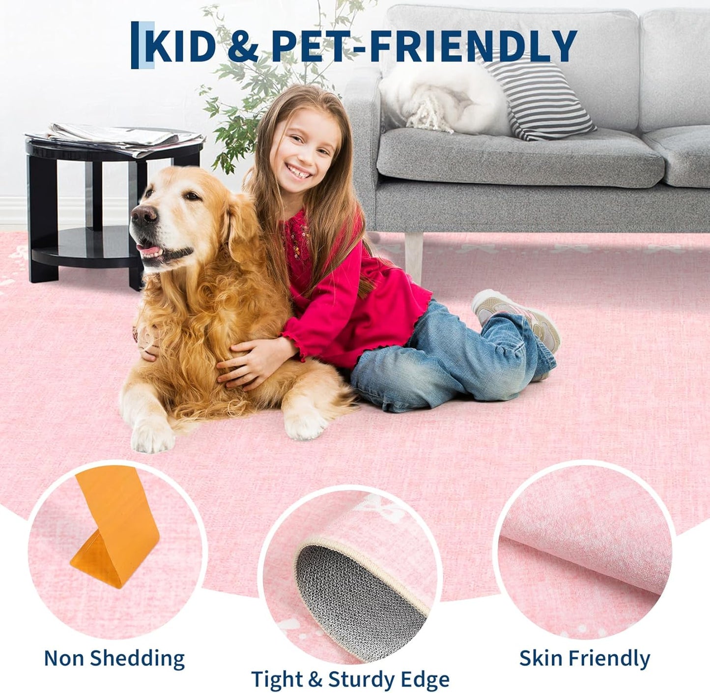 Garvee Bow Washable 8x10 Area Rugs for Living Room Non Slip Soft Pink Rugs for Grils Bedroom Low Pile Foldable Large Area Rug Stain Resistant Carpet for Nursery Dining Room Playroom, Pink