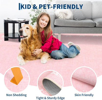 Garvee Bow Washable 8x10 Area Rugs for Living Room Non Slip Soft Pink Rugs for Grils Bedroom Low Pile Foldable Large Area Rug Stain Resistant Carpet for Nursery Dining Room Playroom, Pink