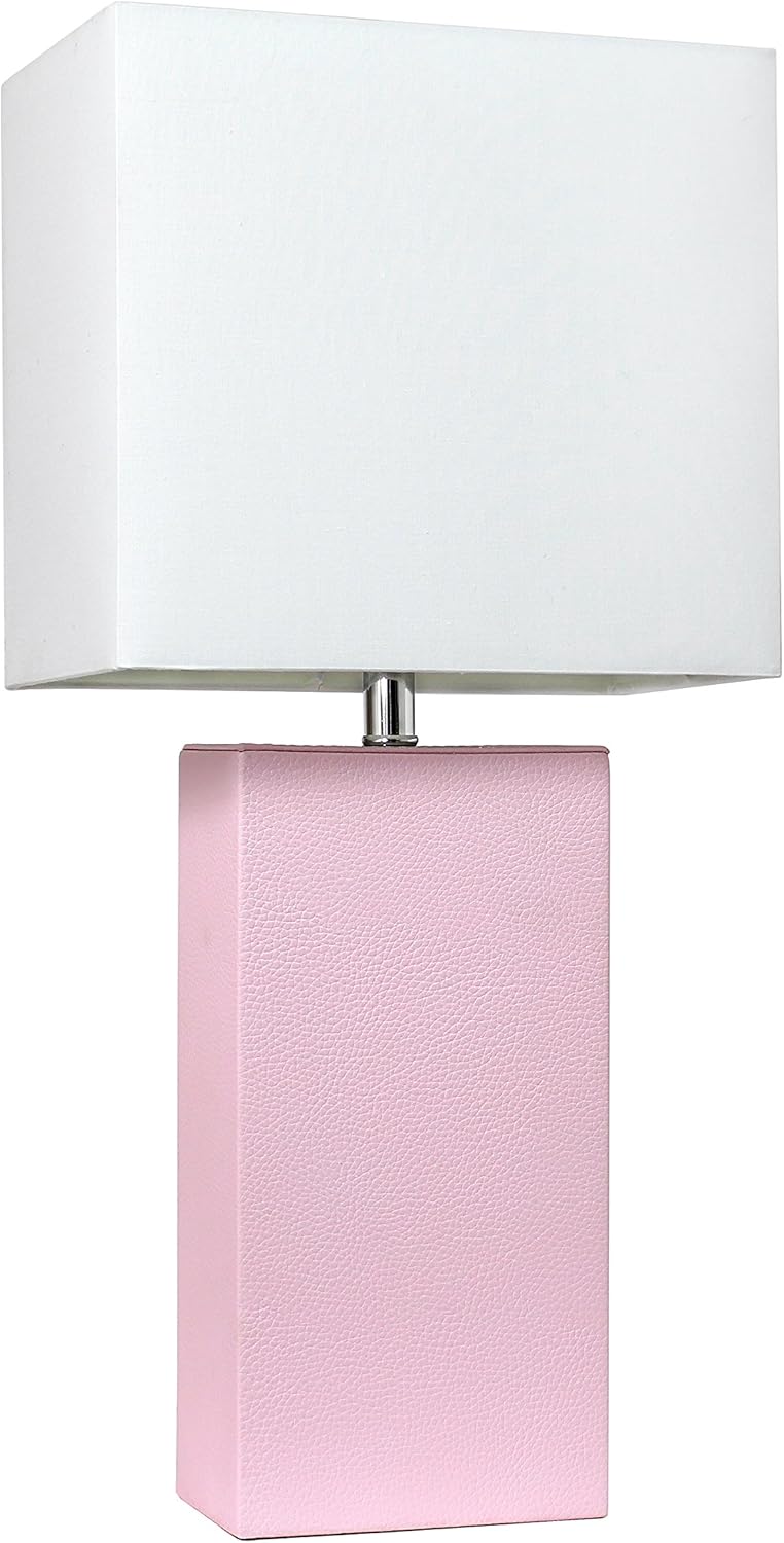 Elegant Designs LT1025-BPK Modern Leather Table Lamp with White Fabric Shade, Blush Pink