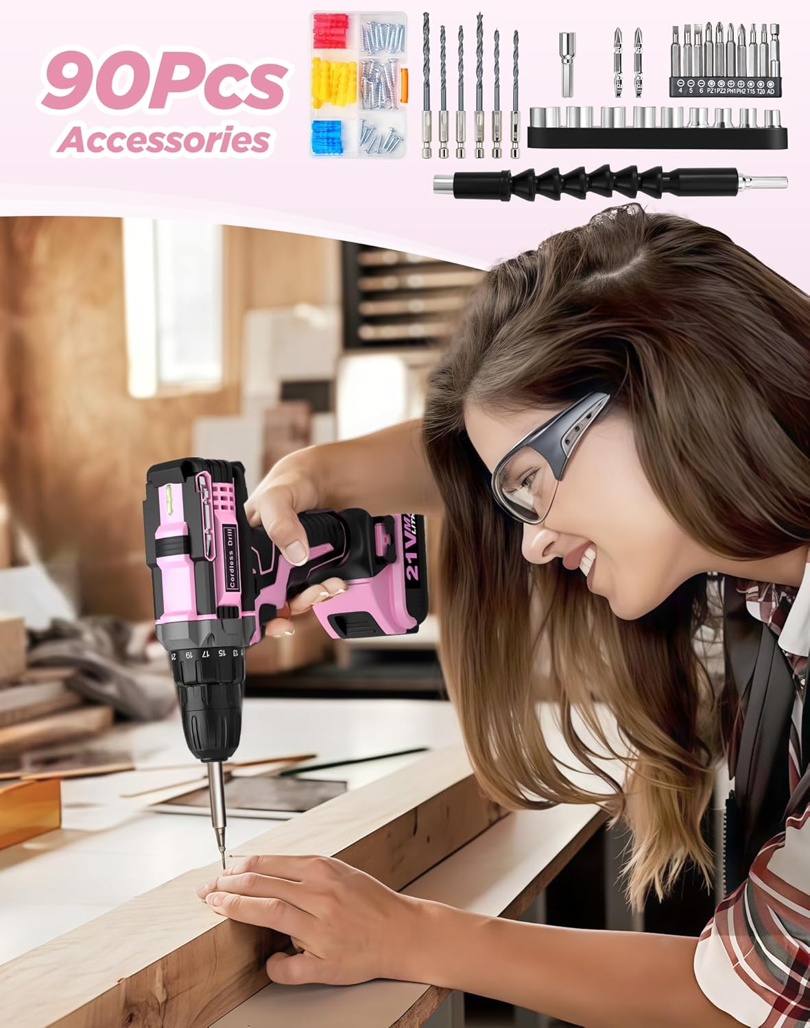 Cordless Drill, 21V Power Drill with Dual 2.0Ah Power Pack and Charger, Power Electric Battery Drills Set, 3/8" Chuck, 25+1 Torque, Compact Drills with 87 Accessories Tool for DIY, Home Repair & Gift