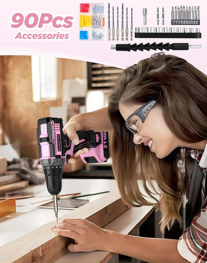 Cordless Drill, 21V Power Drill with Dual 2.0Ah Power Pack and Charger, Power Electric Battery Drills Set, 3/8" Chuck, 25+1 Torque, Compact Drills with 87 Accessories Tool for DIY, Home Repair & Gift