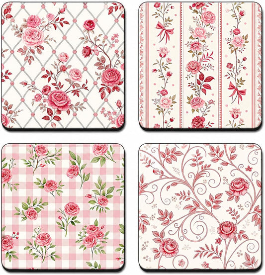 Vintage Rose Coaster Set – Lattice Roses, Striped Florals, Gingham Roses and Ornate Vine Designs for Elegant Home Decor (Pink Rose Toile)