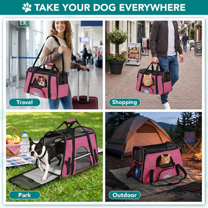 PetAmi Airline Approved Pet Carrier for Cats & Small Dogs, Soft Sided TSA Travel Carrier Bag Sherpa Bed, Breathable Mesh Ventilation, Collapsible Bowl, Fit Under Seat, Up to 18 lbs, Large Heather Pink