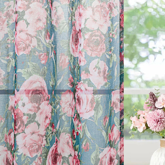 L.Z.E Floral Sheer Curtains 84 Inches Long 2 Panels, Light Filtering Vintage Curtains for Living Room Bedroom Dining Room, Pink Flowers on Teal Green Grommet Semi Sheer Window Drapes