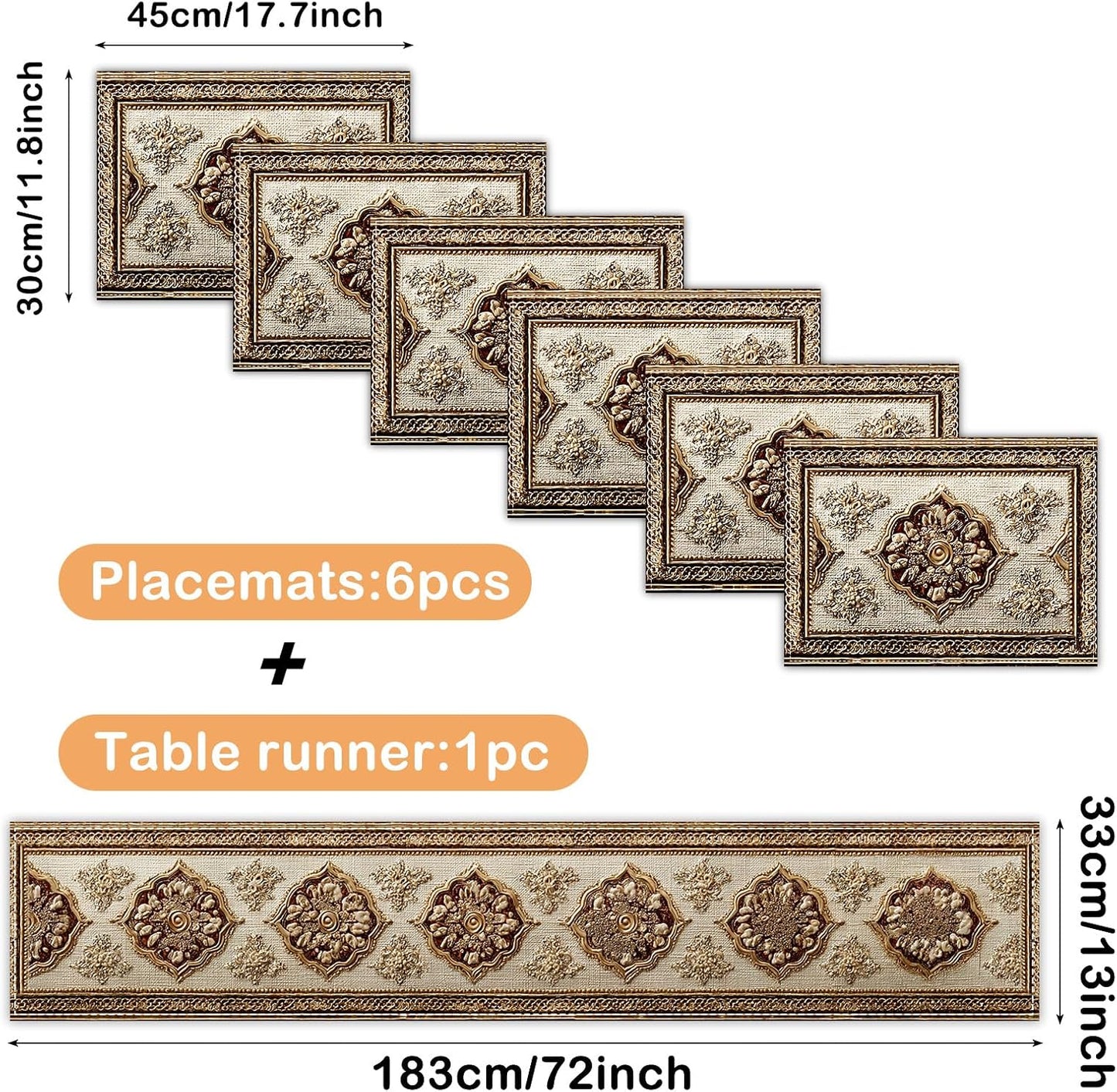 Nuxovilar Square placemats Set of 7 Table Runner and placemats Pink Floral&Vintage Pattern Linen-Cotton Tablerunner(72X13inch)&6 Placemats(11.8X17.7) Table Setting Supplies Cafe,Family Dinner