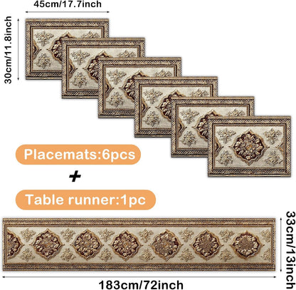 Nuxovilar Square placemats Set of 7 Table Runner and placemats Pink Floral&Vintage Pattern Linen-Cotton Tablerunner(72X13inch)&6 Placemats(11.8X17.7) Table Setting Supplies Cafe,Family Dinner