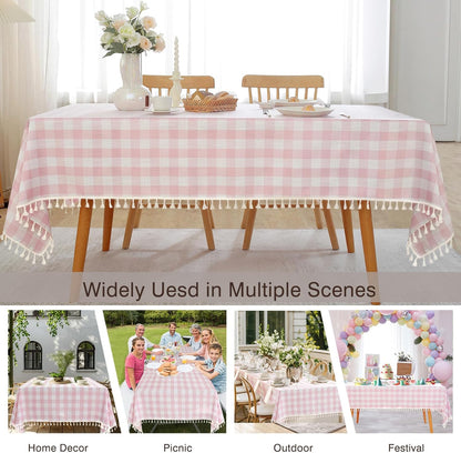 JIALE Gingham Tablecloth Rectangle Cotton Linen Fabric Checkered Table Cloth with Tassel Washable Wrinkle Free Buffalo Plaid Table Cover for Birthday Party Picnic Outdoor, Pink, 55x75