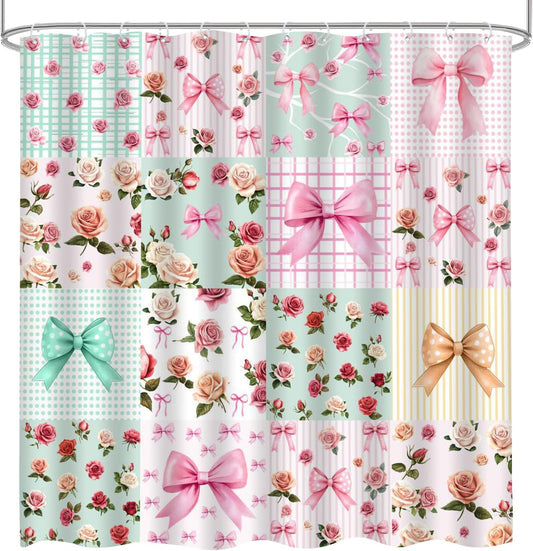 Tiandor Boho Floral Bow Shower Curtain Vintage Patchwork Cute Pink Green Flower Rustic Farmhouse Girls Woman Fabric Polyester Bathroom Decor Set with Hooks (70" L x 70" W)