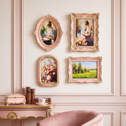 Geetery 4 Pcs Vintage Picture Frames Set, Pink Ornate Baroque Frames for Gallery Wall, Antique Victorian Decorative Photo Frame for Tabletop or Wall Display, Shabby Cottagecore Home Decor