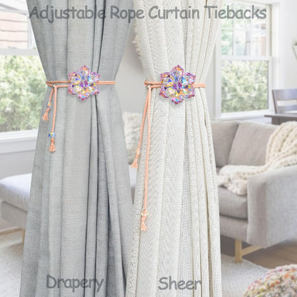 Magnetic Curtain Tiebacks, Crystal Flower Adjustable Rope Curtain Tie Backs, 2 Pack Boho Farmhouse Drapes Sheers Holdbacks for Window Home Decor (Pink)