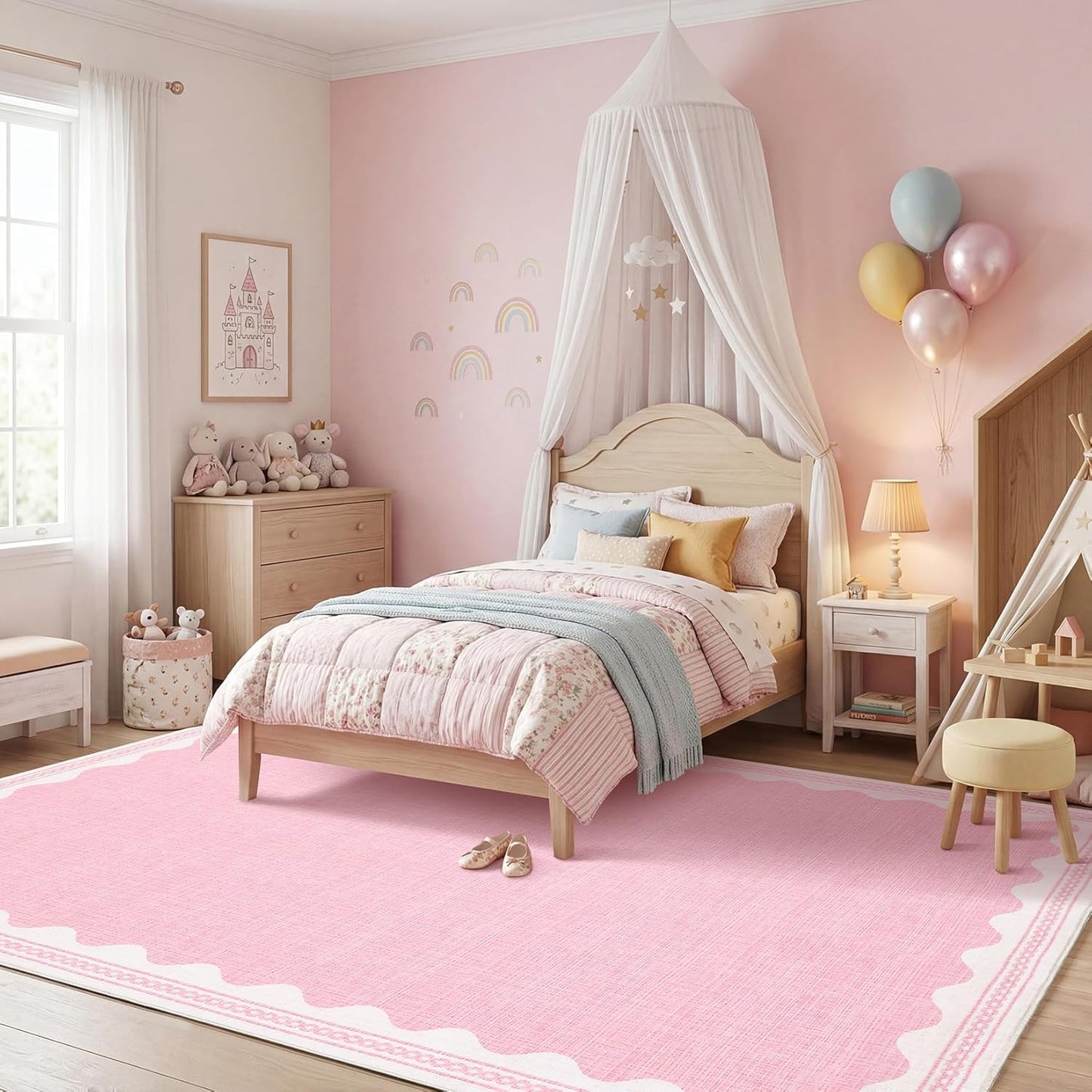 GarveeHome Washable Rugs 5x7 Area Rug for Living Room, Scalloped 5 x 7 Rug Solid Pink Modern Minimalism Low-Pile Carpet for Bedroom Dining Nursery Non Slip Mat with Rubber Back