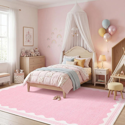 GarveeHome Washable Rugs 5x7 Area Rug for Living Room, Scalloped 5 x 7 Rug Solid Pink Modern Minimalism Low-Pile Carpet for Bedroom Dining Nursery Non Slip Mat with Rubber Back