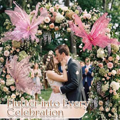 Havawish 3 Pcs 19.7in Giant Butterfly Decoration for Wedding Party Reception, Artificial Gauze Large Butterfly Prop for Banquet Ceremony Church, Pink, Peach Pink, Rose Red