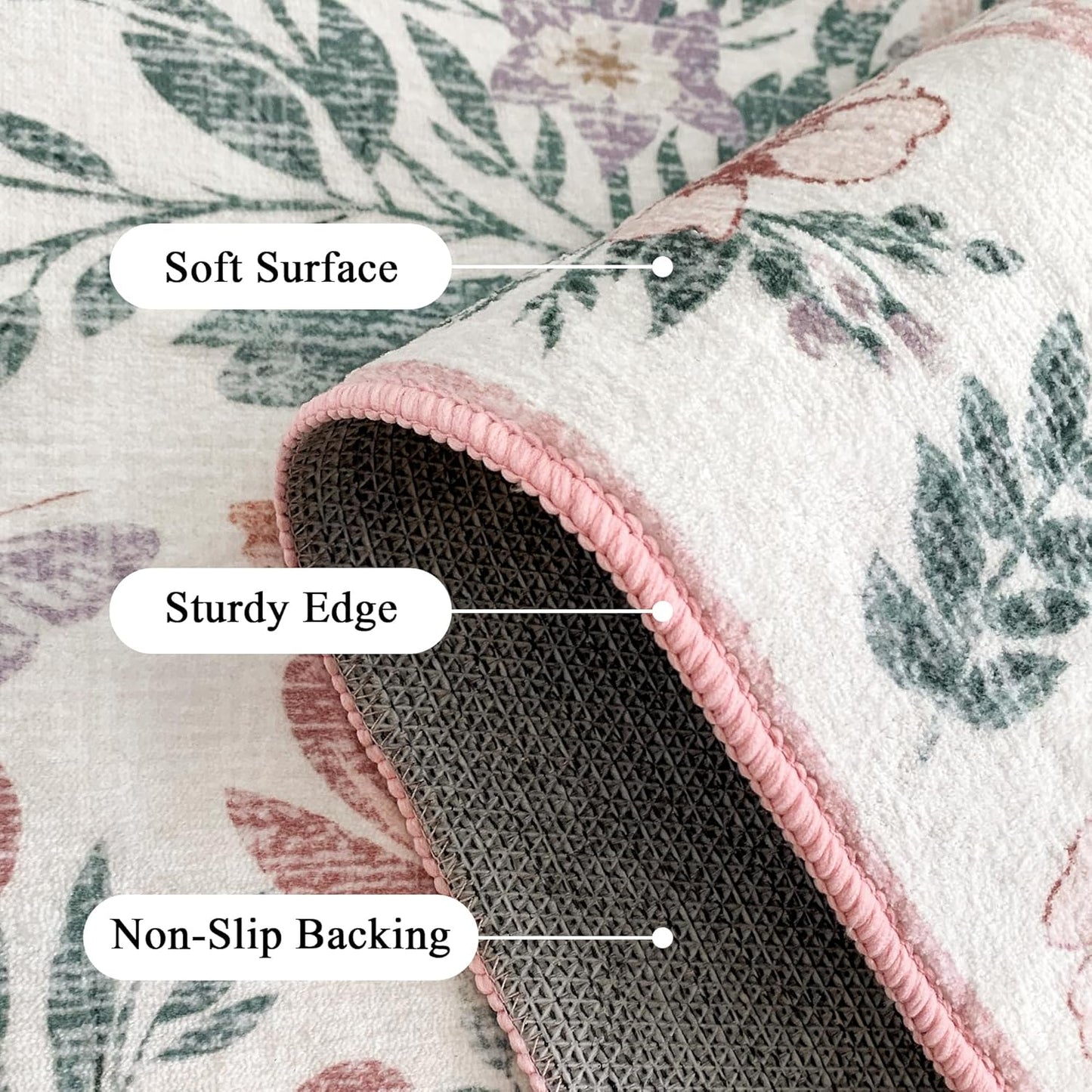 Pink Rugs for Living Room: Floral 5x7 Washable Area Rug for Nursery Bedroom - Soft Easy Clean Kid & Pet-Friendly Non-Slip Carpet - Oriental Girls Home Decor