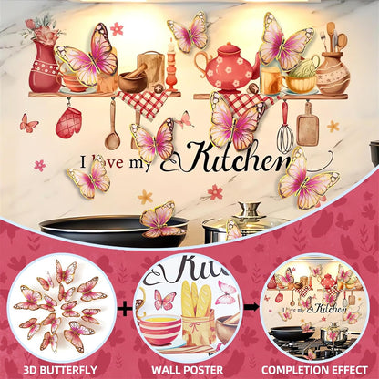 Kitchenware Utensil Shelf 3D Butterfly Pink Wall Stickers, sacinora I Love My Kitchen Wall Decals Removable Vinyl Peel and Stick for Kitchen Dining Restaurant Bar Home Decorations