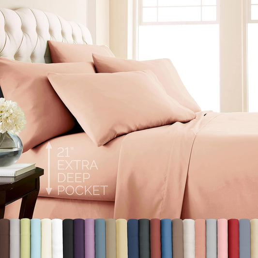 Southshore Fine Living, Inc. 6-Piece Bed Sheets Full Size Set, 21-Inch Full Size Bed Sheets, 1 Deep Pocket Fitted Sheet, 1 Flat Sheet, Queen Pillowcases, Blush Pink Pillow Cases, Blush Bedding