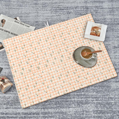Tiny White Blossoms On Peach Cream Checkered Dish Drying Mat For Kitchen Counter, Drain Rack Mat Microfiber Quick Dry Dish Pad