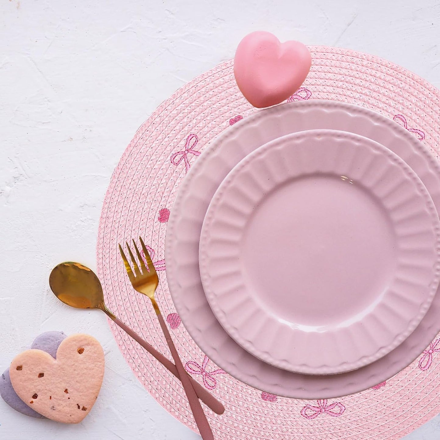 Whaline 4 Pcs Pink Bow Embroidered Placemats Round Place Mats Coquette Bow Dinner Table Mats for Home Wedding Baby Shower Birthday Party Decor