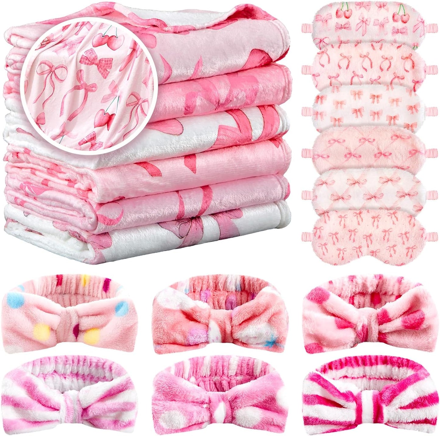 Fanfanwin 18 Pcs Sleepover Party Supplies for Girls, 6 Style Cute Pink Bow Blanket 6 Coral Fleece Spa Headband 6 Eye Mask Cover Galentines Day Decoration for Slumber Sleepover Spa Party Gift(Cute)