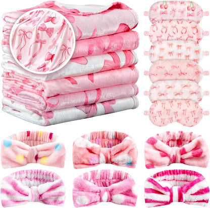 Fanfanwin 18 Pcs Sleepover Party Supplies for Girls, 6 Style Cute Pink Bow Blanket 6 Coral Fleece Spa Headband 6 Eye Mask Cover Galentines Day Decoration for Slumber Sleepover Spa Party Gift(Cute)